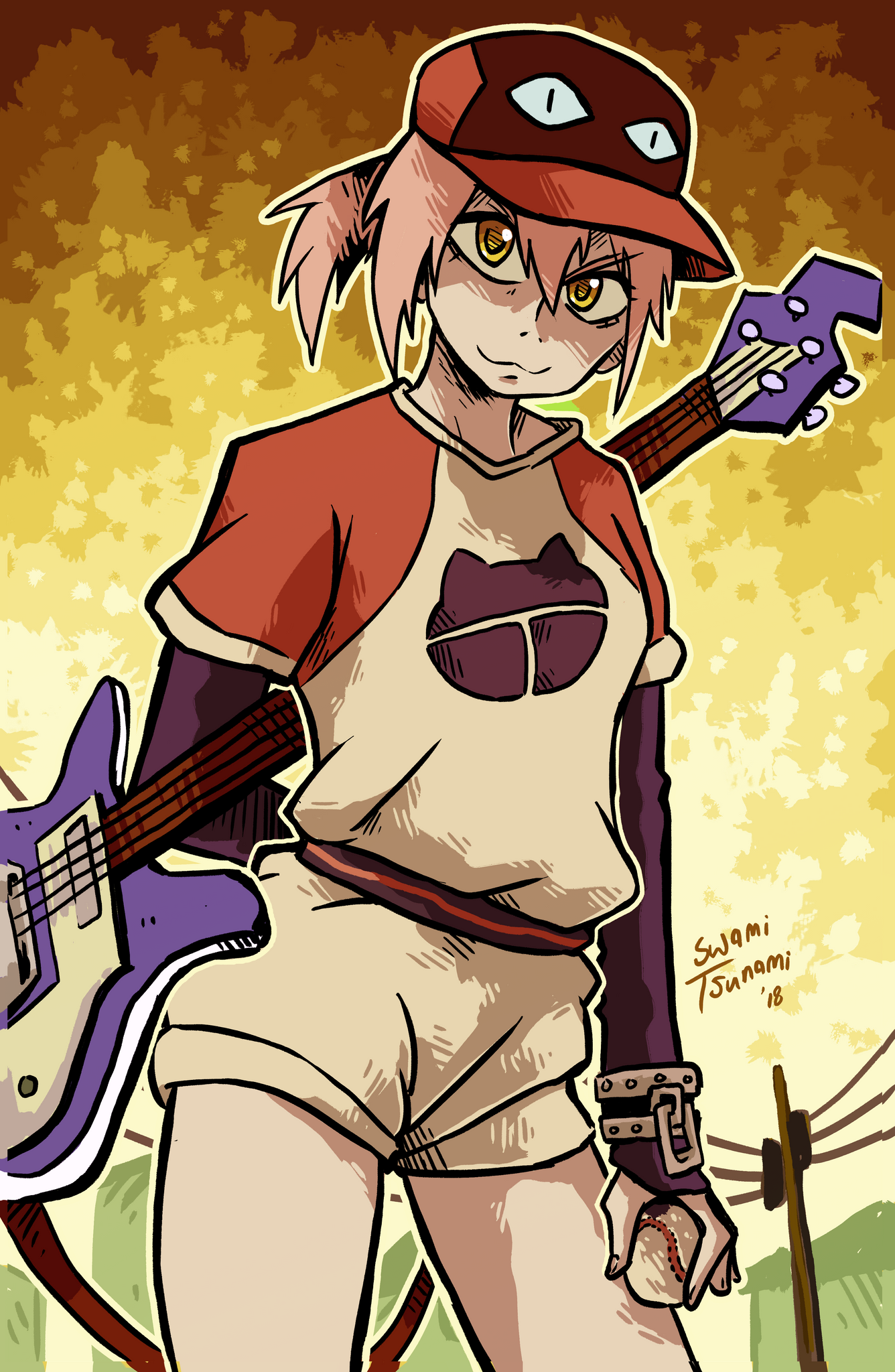 the illustration features a young woman with pink hair and catlike eyes, exuding a cool and confident demeanor. dressed in a baseball uniform with a felinethemed logo, she holds both a baseball and a guitar, hinting at her diverse interests and talents. the low angle perspective adds to her powerful presence, while the warm, backlit palette evokes a sense of afternoon energy and urban edge.