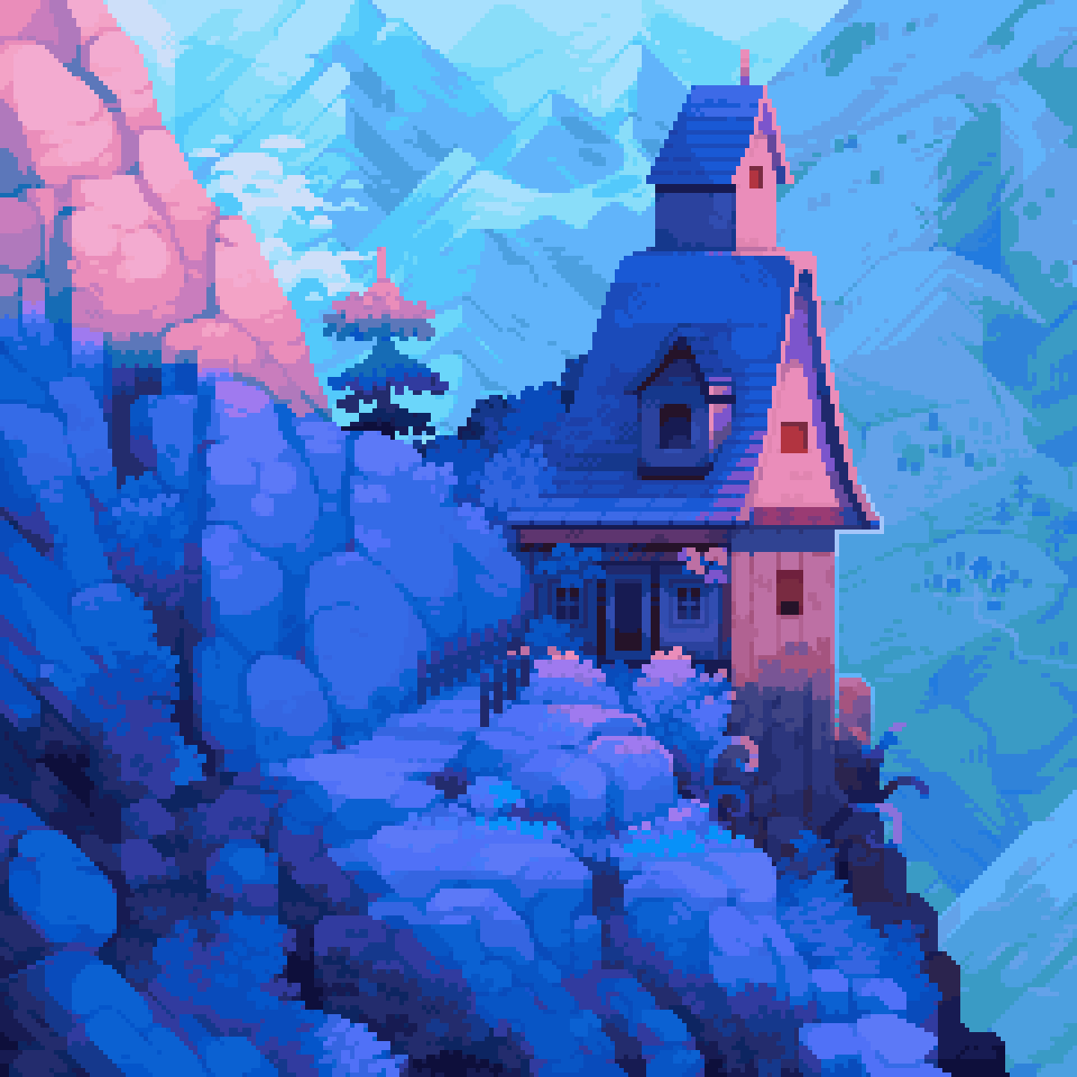 this is a pixel art illustration of a small cottage nestled on a cliffside overlooking a vast mountain range. the style is reminiscent of a fairytale or fantasy setting, with soft, pastel colors dominating the scene. the house is detailed, with visible windows, a steep roof, and a small tower.  the mountains in the background are rendered in various shades of blue and purple, creating a sense of depth and distance. the overall mood is serene and peaceful. the pixelated style gives the image a charming, retro feel.