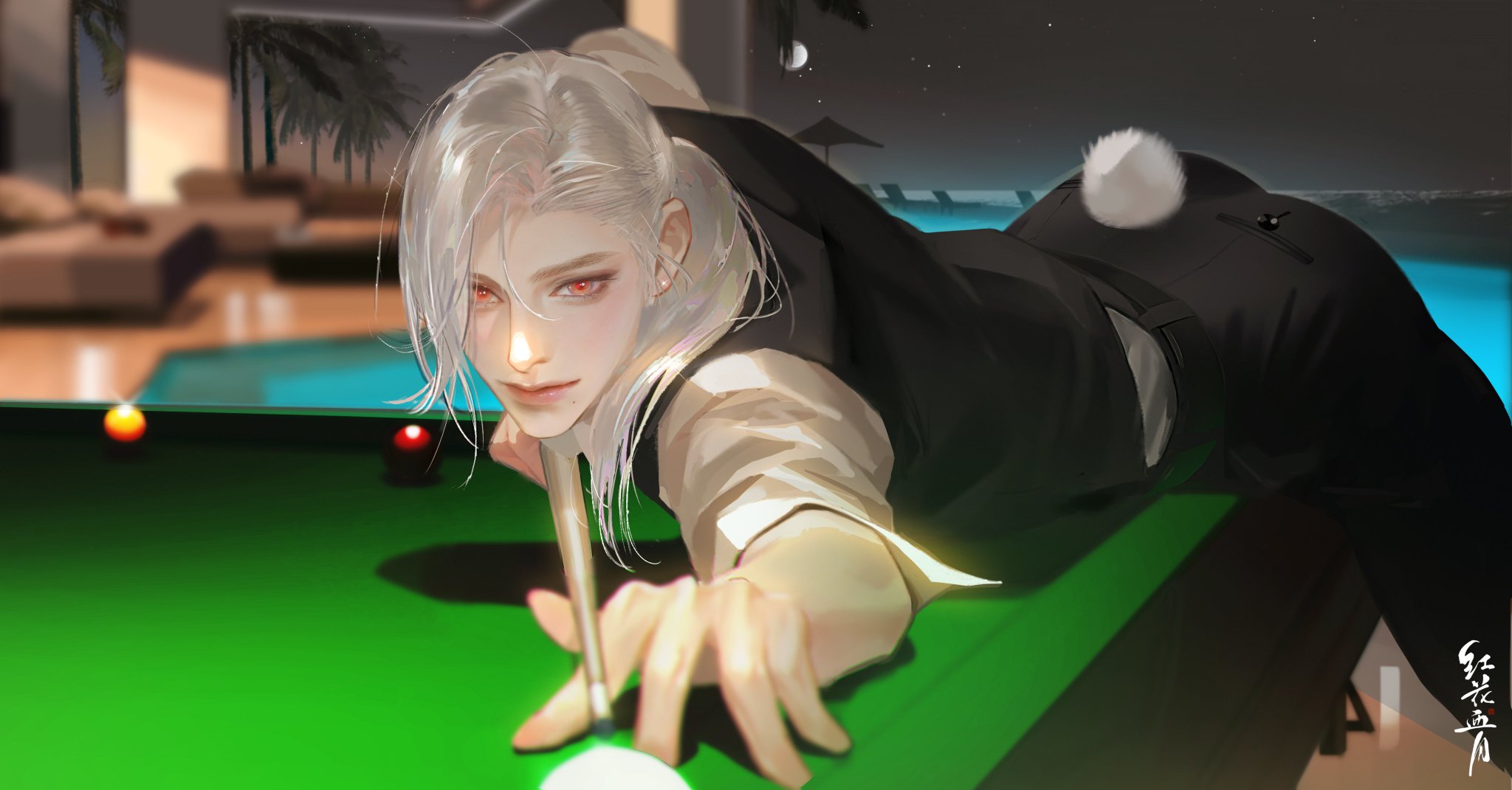 a digital illustration of a handsome young man with long silver hair playing pool in a luxurious villa. the scene is set at night, with warm indoor lighting contrasting the cool moonlight illuminating the