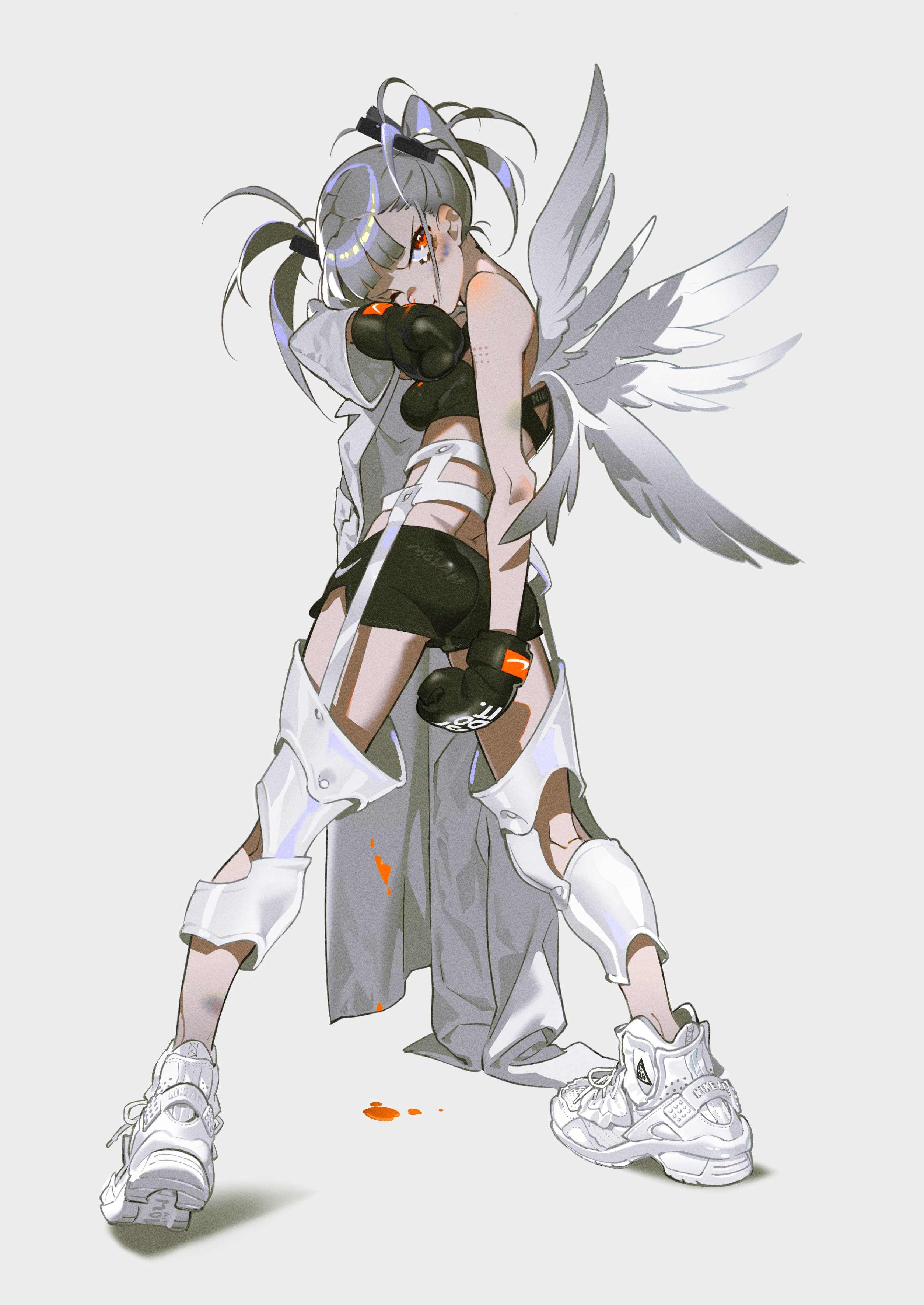 the image features a young woman with silver hair styled in pigtails, sporting a determined expression. she has feathery white angel wings sprouting from her back. dressed in a mix of futuristic and athletic attire, she wears boxing gloves, a cropped top, and white cargo pants with detached fabric panels. her footwear is chunky white sneakers.  the background is a plain offwhite, and the overall lighting is bright and soft, with hints of orange suggesting recent action.  the pose and attire suggest a character who is strong and ready for a fight.