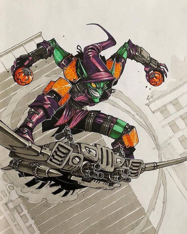 a handdrawn illustration of the green goblin from spiderman comics. he is flying on his glider, holding pumpkin bombs in his hands. he is wearing his classic green and purple costume. the art style is dynamic and actionpacked, with bold lines and vibrant colors. the background is a simple sketch of a city building. the image is drawn in ink and marker on white paper.