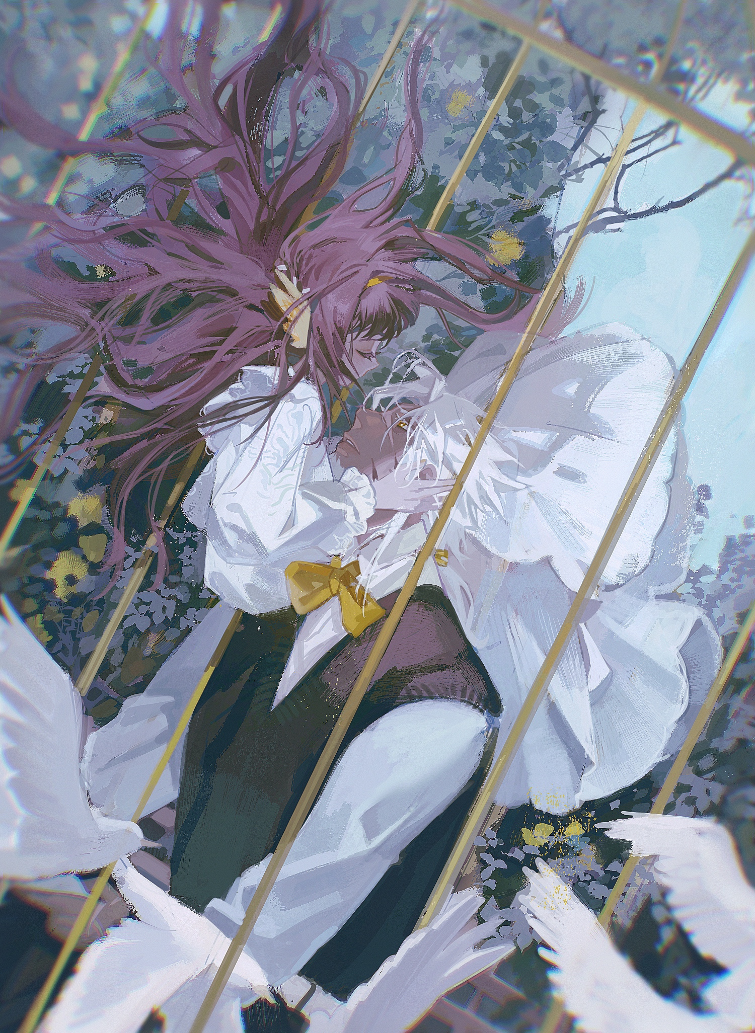 the image features an anime couple, a girl with pink hair and a boy with blonde hair, in a loving embrace. they are suspended within a cagelike structure, surrounded by delicate flowers and white doves. the girl is wearing a white dress and the boy is wearing a white shirt, black vest, and a yellow tie. the background is a soft blur of sky, clouds, and flowers. the image evokes a sense of romance, fantasy, and magic.