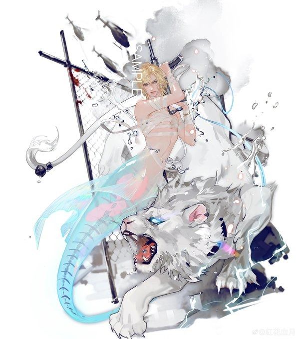 the image is a vibrant piece of digital fantasy art depicting a young, blondhaired male character with a light blue mermaid tail.  he is bound in white bandages, and he holds what appears to be a rifle or similar weapon. the character is positioned dynamically, seemingly in the midst of action.  he is associated with, or perhaps partially merged with, a large, snarling white tiger. the background features splashes of water, suggesting movement and energy. the overall style blends anime/manga aesthetics with elements of watercolor and ink painting, creating a flowing, ethereal atmosphere. a "sample" watermark is visible, indicating the image is likely a sample artwork. the color palette is predominantly light and cool, with splashes of brighter tones.