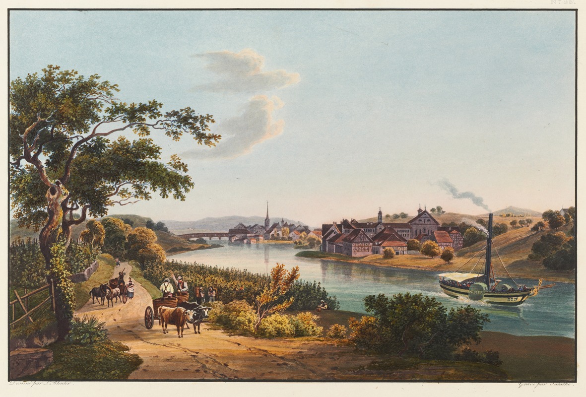 this is a vintage painting depicting a rural scene with a river winding through a village and countryside. in the foreground, there is a tree, a road, and people with a cart pulled by cows or oxen, carrying a barrel. a boat sails on the river. in the distance, there is a village with buildings and a bridge. the sky is blue with some clouds, and the overall scene is peaceful and picturesque.