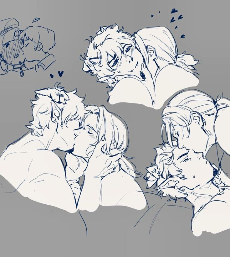 the image is a compilation of fan art sketches depicting male couples kissing and showing affection. the style is reminiscent of concept art or preliminary drawings. the sketches vary in pose and character design, conveying a sense of intimacy and romance.