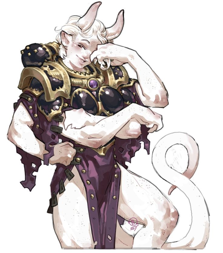 a drawing of a white, furry, humanoid creature with horns, wearing gold armor and a purple cloak. the creature has a confident pose and is smiling. the tail is curled behind it.