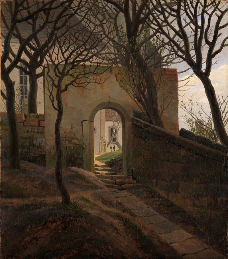 this is a painting depicting a stone archway framed by bare trees and leading up a set of stone steps. beyond the archway, two small figures stand near a building with a churchlike spire. the scene is overcast, creating soft shadows. the archway and surrounding structure appear to be part of a ruin or an old, weathered building. the painting evokes a sense of romanticism with its depiction of nature, ruins, and contemplative figures.