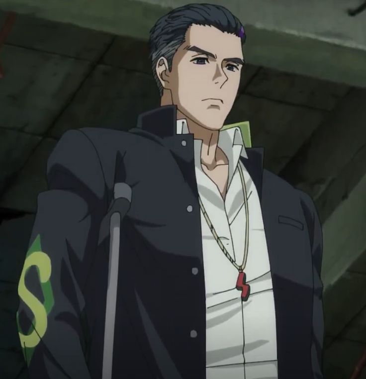 a young man with short black hair and a serious expression. he is wearing a black jacket with a green "s" on the left sleeve, a white shirt, and a silver chain with a red pendant. he is also using a crutch under his right arm. the background is a blurred urban environment, possibly inside an abandoned building.