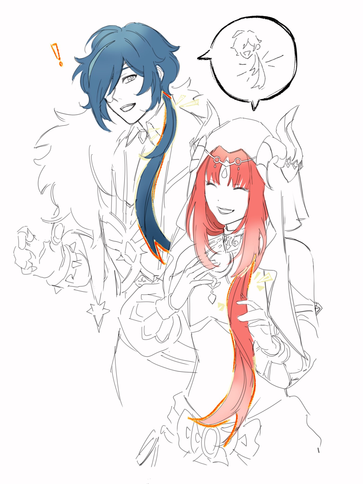 this is an anime style drawing of a male and female couple. the male character is standing behind the female character and is looking towards the right side of the image with a happy expression. the female character is smiling and looking towards the left side of the image. she is wearing a white dress with a red ribbon tied around her hair. the male character is wearing a dark blue and white outfit. there is a speech bubble above the male character showing another character saying "!".  the background of the image is white.