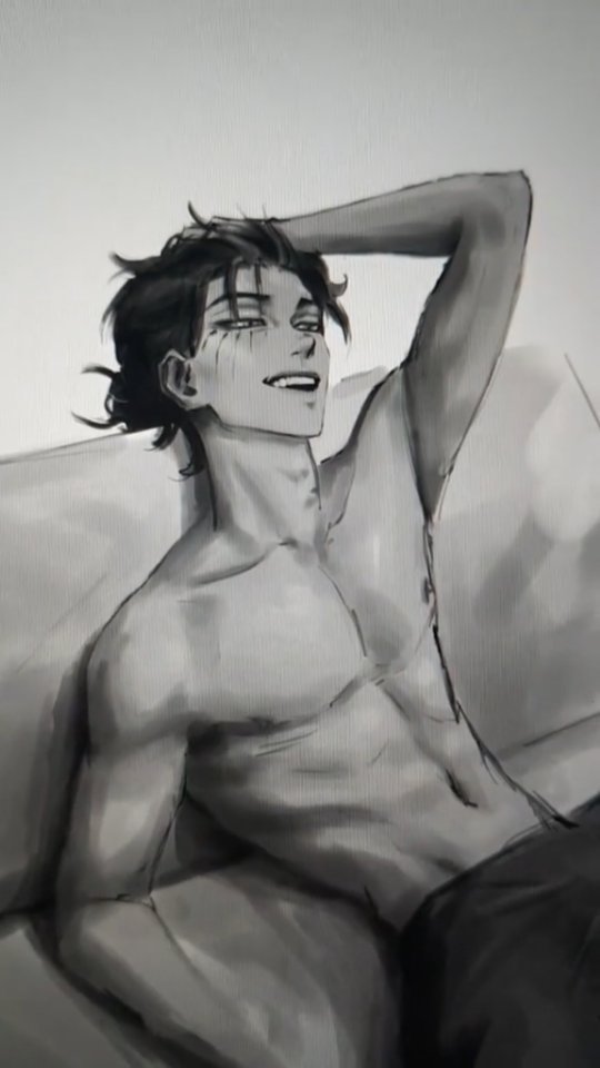 he image is a black and white drawing of a shirtless man reclining on a couch. he is muscular and has dark hair. his hand is resting on the back of his head. he has a slight smile on his face, and the overall impression is one of relaxed sensuality. the style of the drawing is reminiscent of anime or manga.