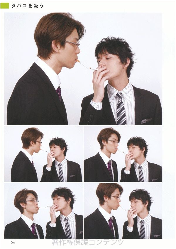 the image shows four different poses of two men in suits smoking a cigarette. they are both wearing ties, glasses, and are posing in a way that suggests they are close friends. the image is likely from a magazine or photoshoot. it seems to be a portrayal of a lifestyle, perhaps one that is associated with japanese culture.