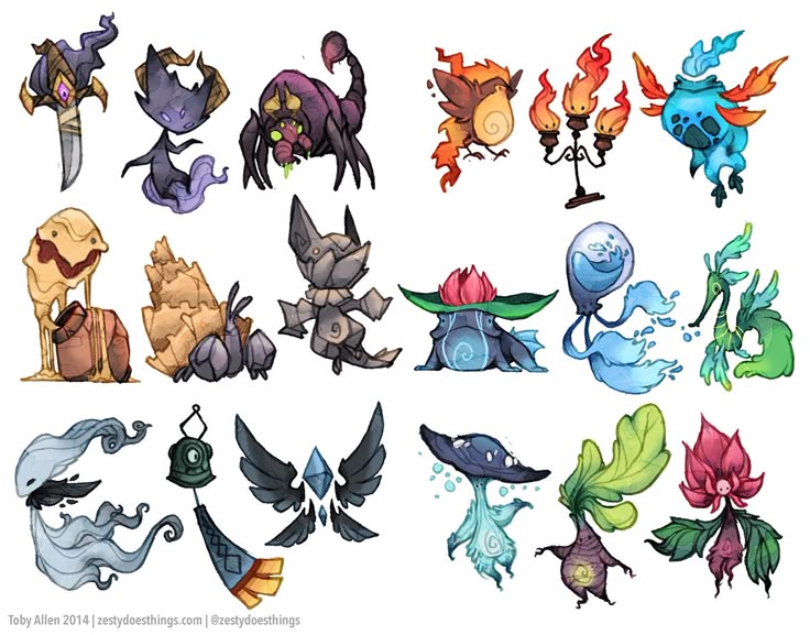 the image is a collection of fantasy creature concept art illustrations by toby allen (zestydoesthings). the creatures are depicted in a watercolorlike style and have a cartoonish and stylized design. there is a diverse range of creatures including elemental ones (water, fire, stone), winged creatures, floral ones, insectoid one and ghostly designs. the creatures vary in color, from dark and moody palettes to brighter, more vibrant hues. the arrangement of the illustrations creates a visual compilation of creative and unique monster designs.