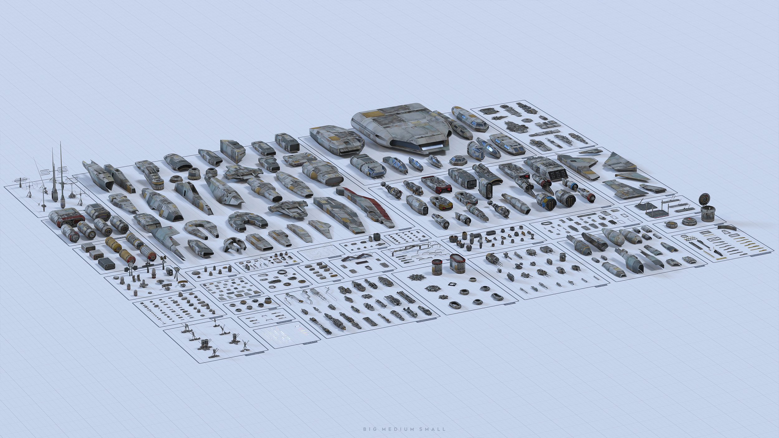 the image presents a comprehensive 3d rendering of a disassembled uwing spaceship, seemingly from the star wars universe.  the model is meticulously broken down into its numerous individual components and parts, laid out on a blueprintstyle background.  different sizes of parts are clearly shown, with smaller elements organized in grid formations to highlight the meticulous detail. this exploded view provides a detailed insight into the ship's construction, showcasing the complexity of its design. the image is a highly detailed and realistic rendering of a digital 3d model.  the perspective is slightly elevated, offering a clear view of all the parts and their organization.  the overall aesthetic suggests a technical illustration or design document.