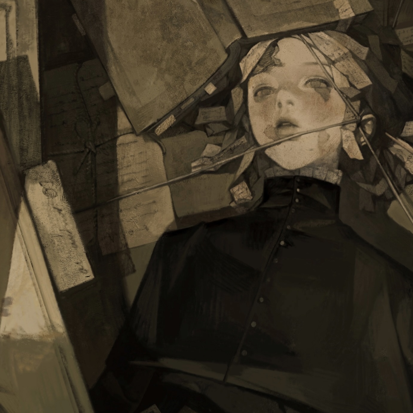the image depicts a young woman with long dark hair, dressed in a dark gothicinspired outfit, lying among stacks of books. her face is halfhidden by the books, her eyes are large and sorrowful, and her expression is melancholic. the scene has a dark and mysterious ambiance, with a hint of sadness and fragility. the artwork is drawn in a stylized and dreamy way, blending elements of fantasy and realism. the image evokes feelings of solitude, reflection, and a yearning for something lost or forgotten.