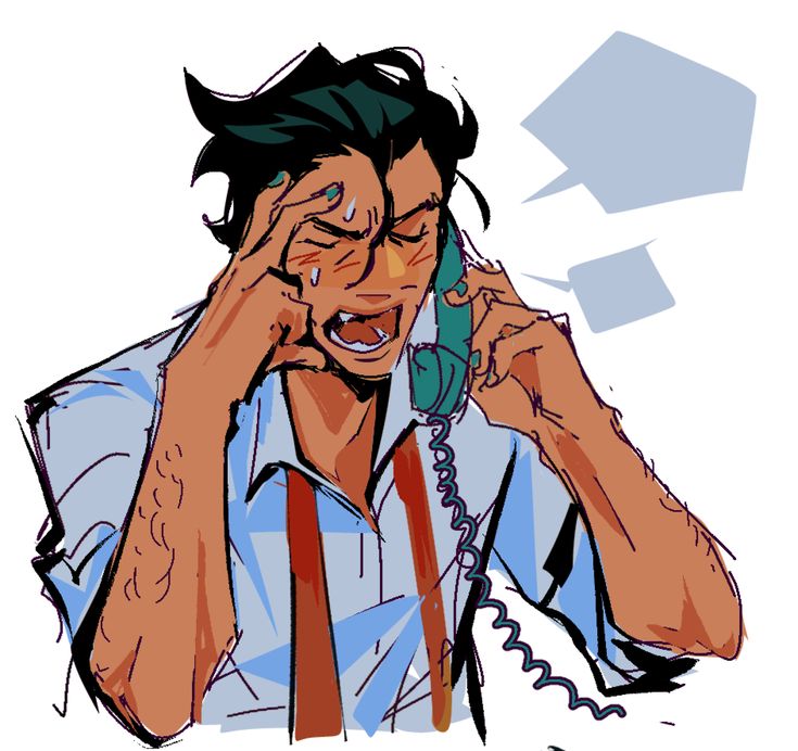 this is a digital illustration of a man with black hair talking on a phone, appearing frustrated or angry. he is holding his forehead with his left hand and pointing to his temple with his right, while the phone is in his right hand. the image is drawn in a comic book style, with a colorful background and speech bubbles. the man is dressed in a white shirt and red suspenders. he is sweating and has a pained expression on his face.