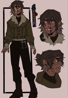 the image showcases character design concepts for a young, male warrior. he has short, brown hair, intense brown eyes, and noticeable scars on his face. he wears a determined expression. his attire consists of a brown jacket with a fluffy collar, a black turtleneck sweater, dark pants with straps, and combat boots. he also wears bandages on his hands. a detailed illustration of his face from a side view highlights his features and scars. a simple design of a katana with a distinct handle is also presented, suggesting the character's weapon of choice. the overall style is stylized and expressive, employing a muted color palette.