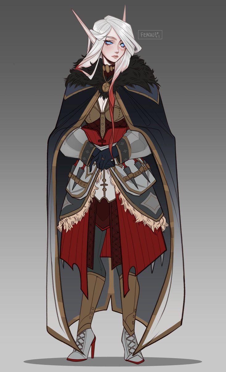 the image is a digital painting of a female high elf, possibly a blood elf, in regal attire.  she's depicted from the knees up, standing with her hands clasped in front of her. she wears elaborate armor underneath a long, flowing red and white dress. a dark grey cape with fur trim adorns her shoulders. her pointed ears are visible, and she has long white hair.  the style is reminiscent of fantasy game art or character design, with a focus on detail and elegance.  she's wearing highheeled boots and her overall appearance suggests nobility or a knightly rank. the background is a simple grey gradient.