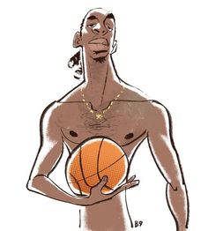 the image is a stylized sketch of a black male basketball player holding a basketball. he is shirtless and wearing a gold chain. the style is loose and expressive, with visible brushstrokes. the color palette is limited, with an emphasis on warm tones. the background is white.