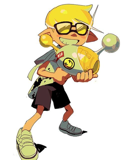 a cartoon character from the game splatoon, an inkling boy, is standing and holding a weapon. he has yellow hair and wears a green and black shirt, black shorts, and black and white shoes. he's smiling and appears to be happy. his weapon is a yellow and green blaster with a smiley face. he is standing in a casual pose with his legs spread out and his arms outstretched. the background is white.