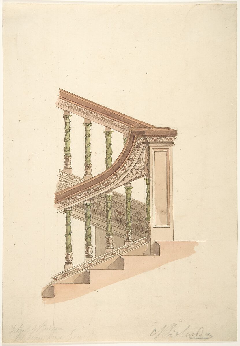 an architectural drawing depicts a staircase with a detailed balustrade. the handrail is shown in brown, supported by decorative balusters that are wrapped in green foliage. the stairs are depicted with shading to indicate depth and dimension. the design incorporates intricate details and ornamentation.