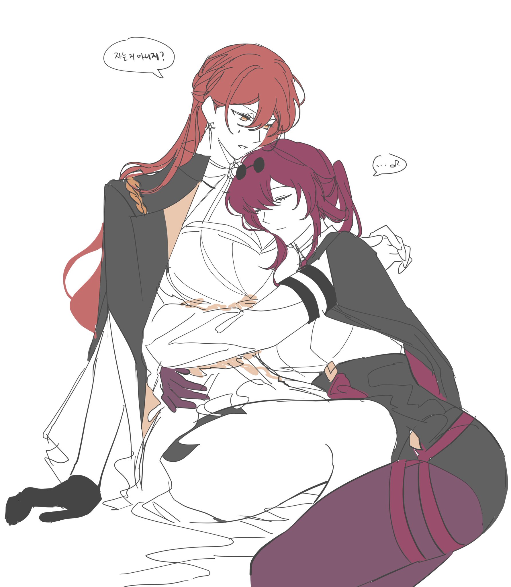 a digital drawing of two anime girls. one is wearing a white dress and black suit with red hair, and the other girl is wearing a purple suit with black hair. they are hugging each other tightly. the background is white.  the girl in the white dress is looking at the girl in the purple suit with a smile. the girl in the purple suit is looking down with a blush. the girl in the white dress has a speech bubble above her head with text in korean. the girl in the purple suit has a small speech bubble above her head with a question mark in it.