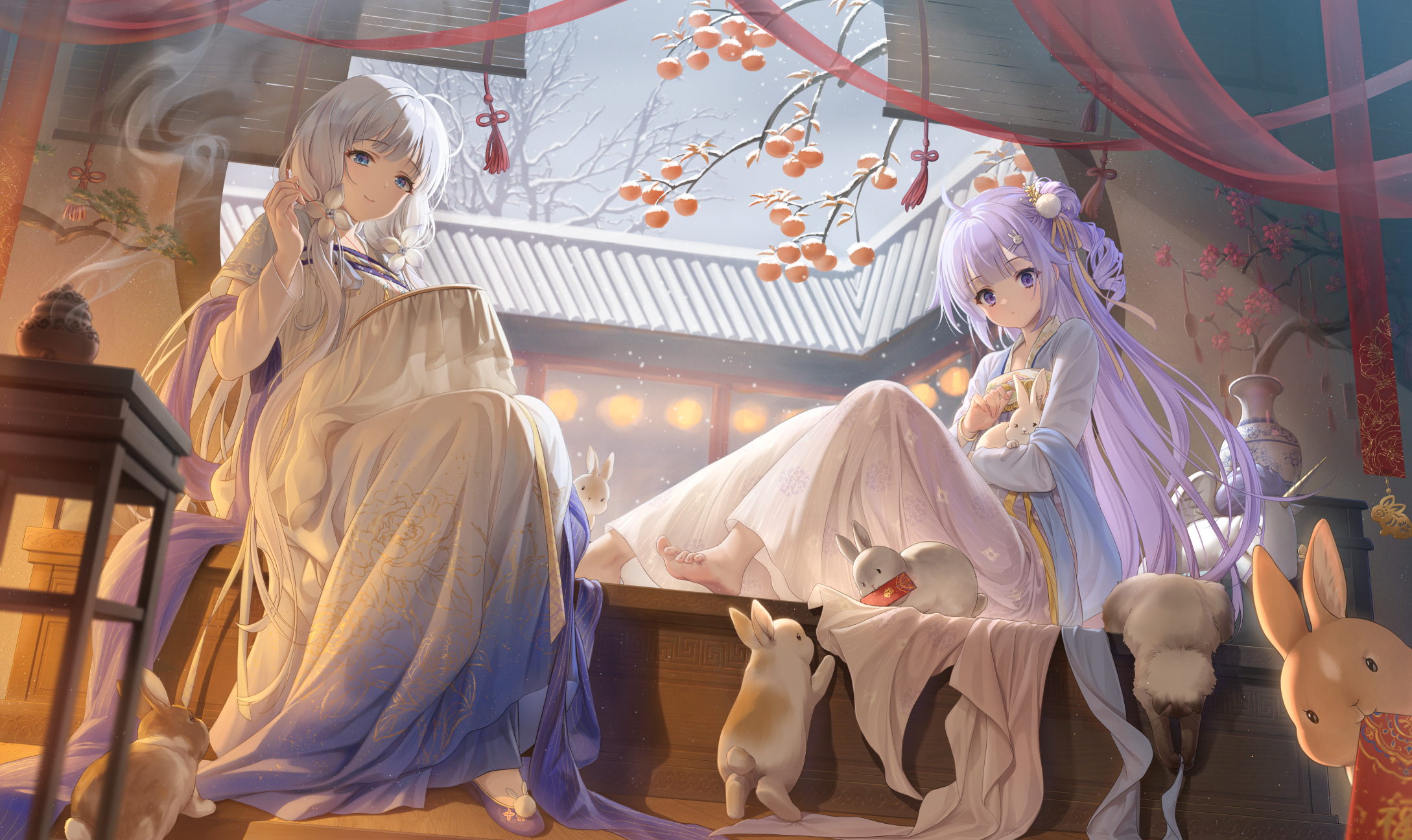 the image shows two anime girls sitting on a window seat in a traditional chinesestyle room.  they are dressed in beautiful hanfu, one in white and the other in purple.  the room is decorated with lanterns, persimmons, and snow is falling outside the window.  several small rabbits are around them.  the overall style is soft, dreamy, and aesthetically pleasing.