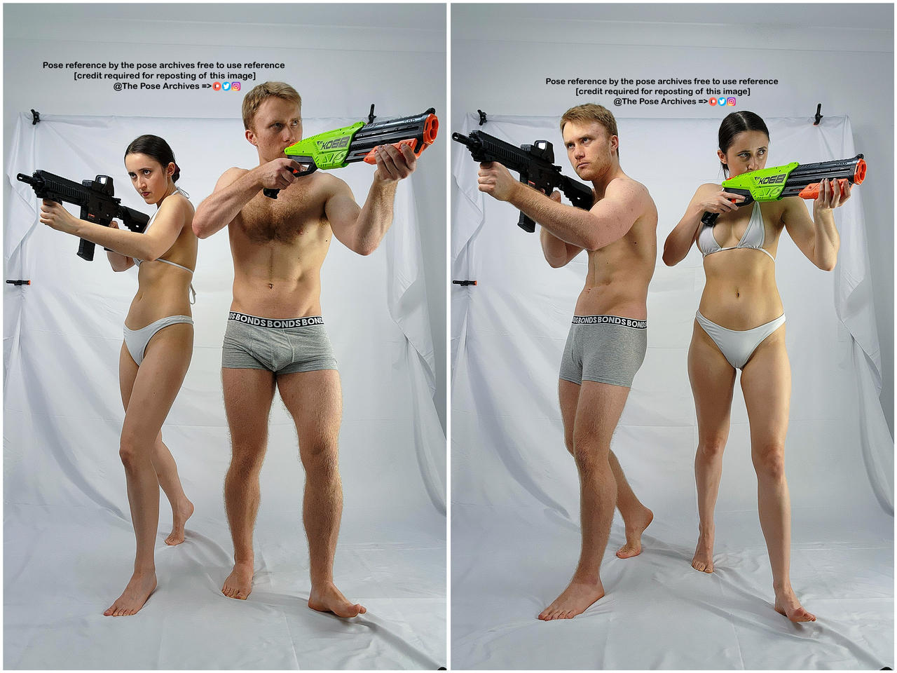 this image features a man and a woman posing in a studio setting. both individuals are holding toy guns and are dressed in swimwear. the man is shirtless and wearing boxer briefs, while the woman is wearing a white bikini. the backdrop is a plain white sheet, and the lighting is bright and artificial. the overall composition of the image is suggestive of an action or adventure theme.