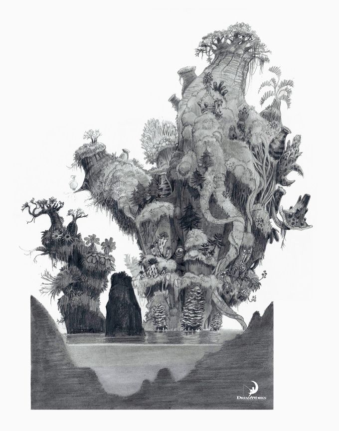 a detailed monochrome drawing depicts a fantastical island with lush vegetation, trees, and rocks emerging from water. the concept art style suggests a fantasy landscape. the image is in grayscale and features the dreamworks logo.