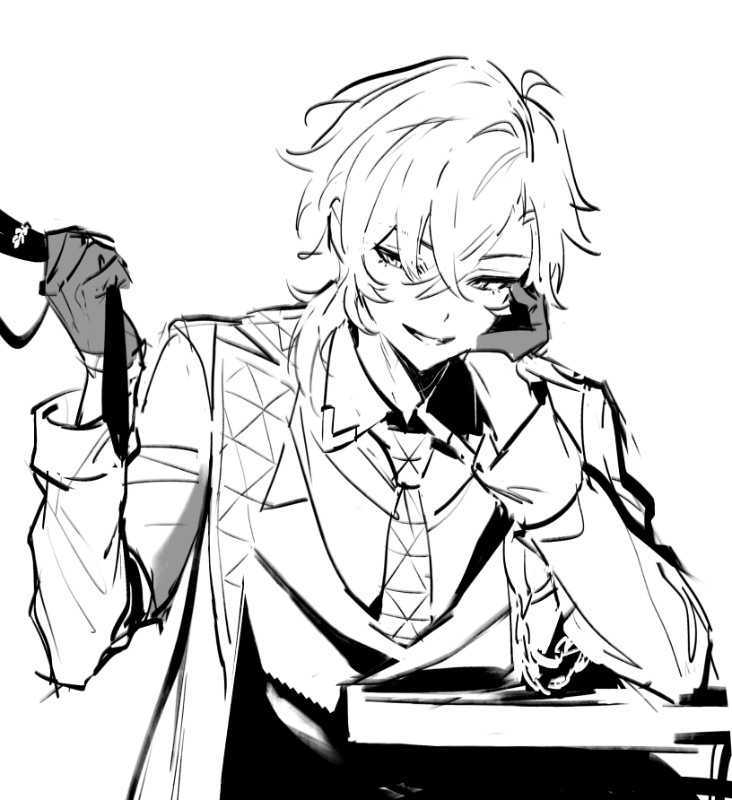the image is a black and white, sketchy style drawing of an animestyle young man. he has long, blondish hair, and is dressed in an elegant coat and tie. his pose is relaxed yet confident, one hand holding what looks like a cane or walking stick, and the other hand resting on his face. he is seated at a desk with a book or notebook visible. the art style is loose and expressive, emphasizing the character's pose and expression more than precise detail. the overall mood is sophisticated and slightly mysterious.