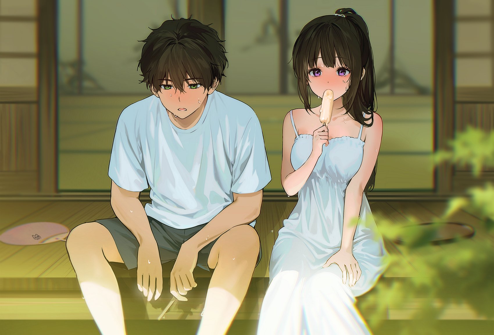 he image is a digital painting of an animestyle young couple. the girl is wearing a light blue sundress and eating a popsicle, while the boy is wearing a light blue tshirt and shorts, and appears to be sweating. they are sitting on a wooden porch, with hints of a traditional japanese setting. the style is soft and romantic.