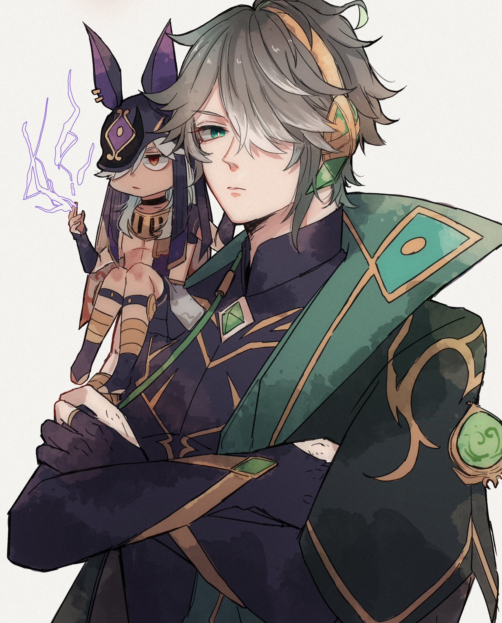 this is a colorful illustration of a male and female anime character. the male character has long white hair, green eyes, and is wearing a dark purple and green outfit. he is holding his arms crossed. the female character has long purple hair, red eyes, and a mask. she has a pair of animal ears and is wearing a light purple and gold outfit. there is a purple lightning bolt behind her and the background is a pale white.