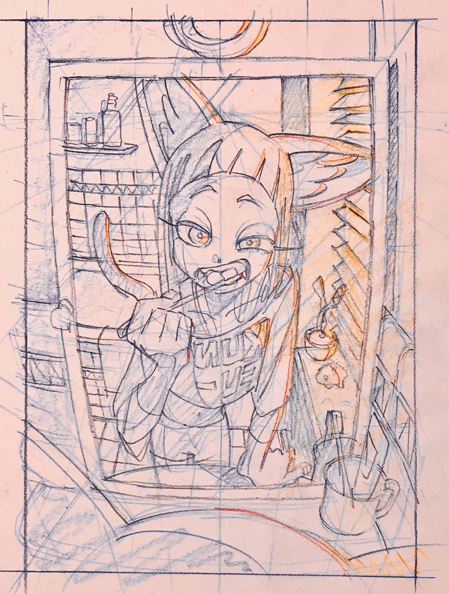 the image is a rough sketch of an animestyle catgirl in pajamas brushing her teeth in the bathroom. the perspective is from slightly above, as if someone is looking at her through the mirror. the girl is smiling widely, revealing her teeth and tongue as she brushes. her bathroom is lightly detailed in the background, with a tiled wall and toiletries visible. the overall aesthetic is playful and cartoonish, emphasized by the exaggerated features and dynamic lines. the use of colored pencils adds a layer of warmth and vibrancy to the sketch.