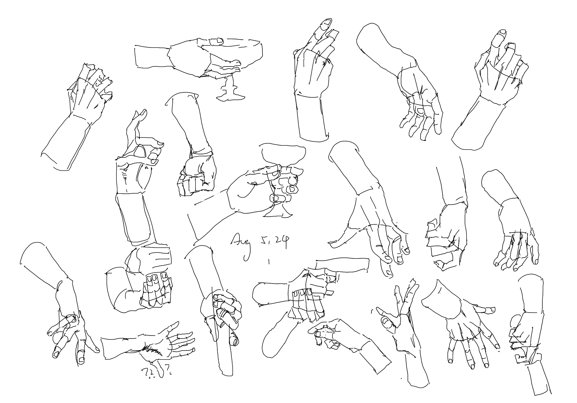 this is a collection of hand sketches from various perspectives. they appear to be practice drawings focusing on hand and finger positioning.
