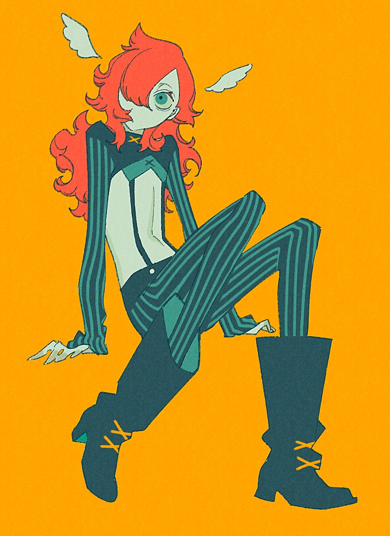 the image is a stylized digital illustration of a young animestyle female character. she has vibrant red, curly hair, small wings on her head, and an unusual, almost masklike facial feature.  she's dressed in teal and dark teal striped pants and long boots that have an 'x' detail across the straps. her pose is dynamic, with her legs bent and body slightly slanted. the overall color scheme is vibrant, using warm orange for the background that contrasts against the cooler greens and teals of the character's clothing. the style is somewhat whimsical and cartoonish, while still maintaining a fashionforward aesthetic.