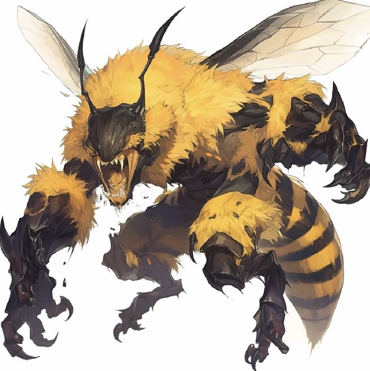 a digital illustration depicts a menacing, anthropomorphic bee creature. it has the upper body of a humanoid, covered in yellow fur and adorned with black, jagged armorlike plating. the creature's face is bestial, with sharp fangs, and antennae. it possesses large wings extending from its back. the lower body resembles a bee's abdomen with black and yellow stripes. the creature has large, clawed hands and feet, suggesting strength and aggression. the overall impression is that of a dangerous and formidable fantasy creature.