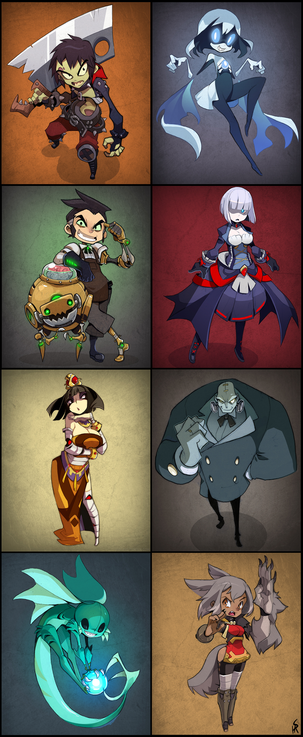 this image features a grid of eight separate character designs, likely for a video game, set against simple backgrounds. each character embodies a distinct fantasy archetype, ranging from a fierce warrior with a sawblade arm to a whimsical, glowing water spirit. the art style is highly stylized with exaggerated proportions and expressions, emphasizing action and dynamism. the palette is vibrant and varied, with each character's design incorporating a unique color scheme.