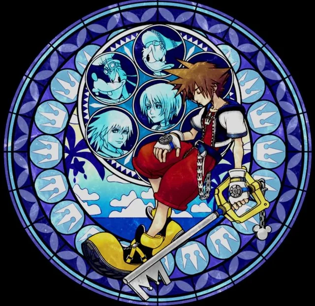 the image is a circular stained glass window depicting sora, the protagonist of the kingdom hearts video game series, sitting pensively in the center. he is surrounded by his friends riku and kairi, as well as donald duck, goofy, and mickey mouse. the background shows a beach scene with palm trees, the ocean, and a cloudy sky. the window is backlit, giving the impression of glowing. the overall tone is one of hope and friendship, even in the face of darkness.