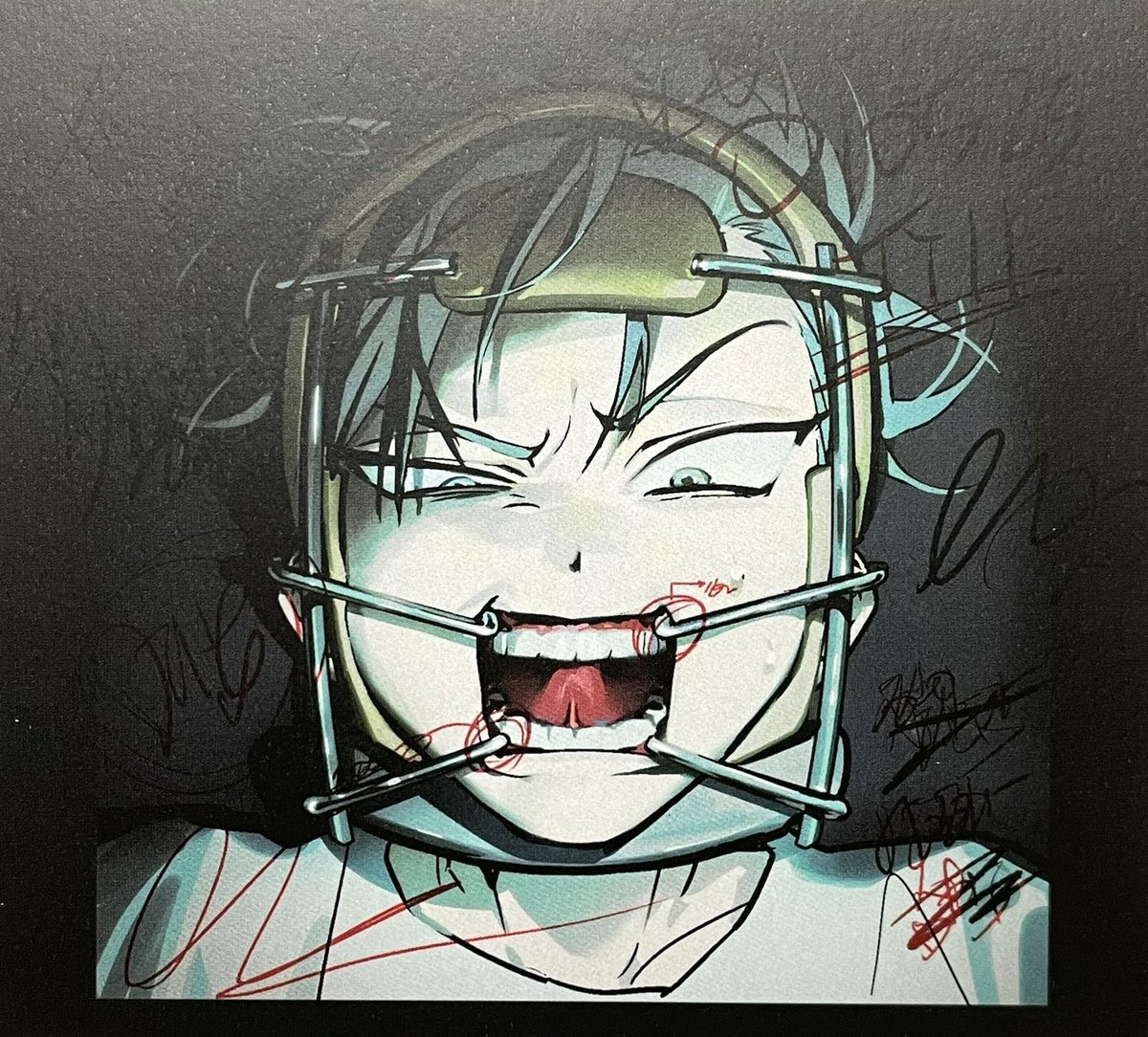 this is a digital illustration of an anime character with teal hair. their mouth is wide open, screaming, with sharp teeth, and a metal device on their face and head that holds their jaw open and prevents them from closing their mouth. they are wearing a white shirt and have red markings on their face and chest, which appears to be tied to the device. the illustration is set against a dark background, and the character appears to be scared and in distress.  the illustration is drawn in a realistic style, with attention to detail. the expressions on the character's face are exaggerated and dramatic, which adds to the sense of fear and horror.
