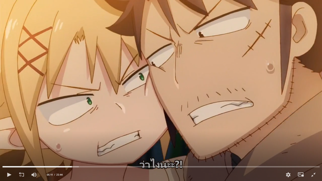 two anime characters are shown in a closeup shot, both looking very angry with their mouths open. the male character on the right has brown hair and several scars across his face, and is sweating. the female character on the left has blonde hair with xshaped scars and green eyes. the background is white and gray. the video player is in the lower portion of the frame. the caption on the video player reads, "what?!"
