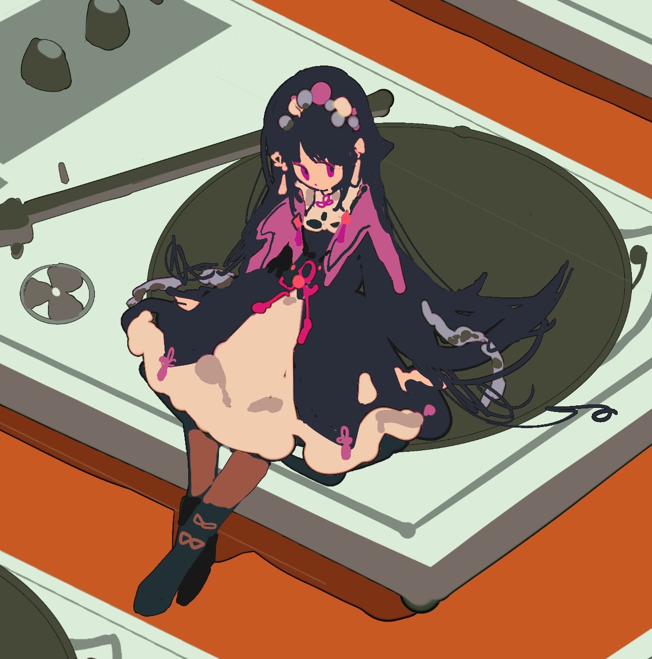 a young anime girl in a black and pink dress with a pink bow and a colorful crown is sitting on a retrostyled record player with her feet dangling. her long black hair is flowing in the wind. she appears to be listening to music.