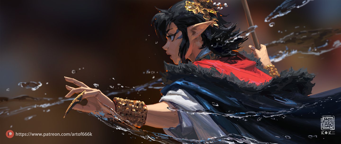 the image is a dynamic digital painting of a female elf, possibly a sorceress or mage. she possesses pointed ears and dark hair adorned with golden ornaments.  she's dressed in a red and white outfit layered with a dark, furtrimmed cloak.  the elf is depicted midaction, seemingly casting a spell or manipulating water. water splashes around her, and she holds a staff (partially visible) in her other hand. the style is painterly and evocative, with a focus on movement and mood.  the background is blurred, drawing attention to the elf. the artist's signature or watermark is present in the bottom right corner, along with a patreon link in the bottom left. the overall mood is dramatic and magical.