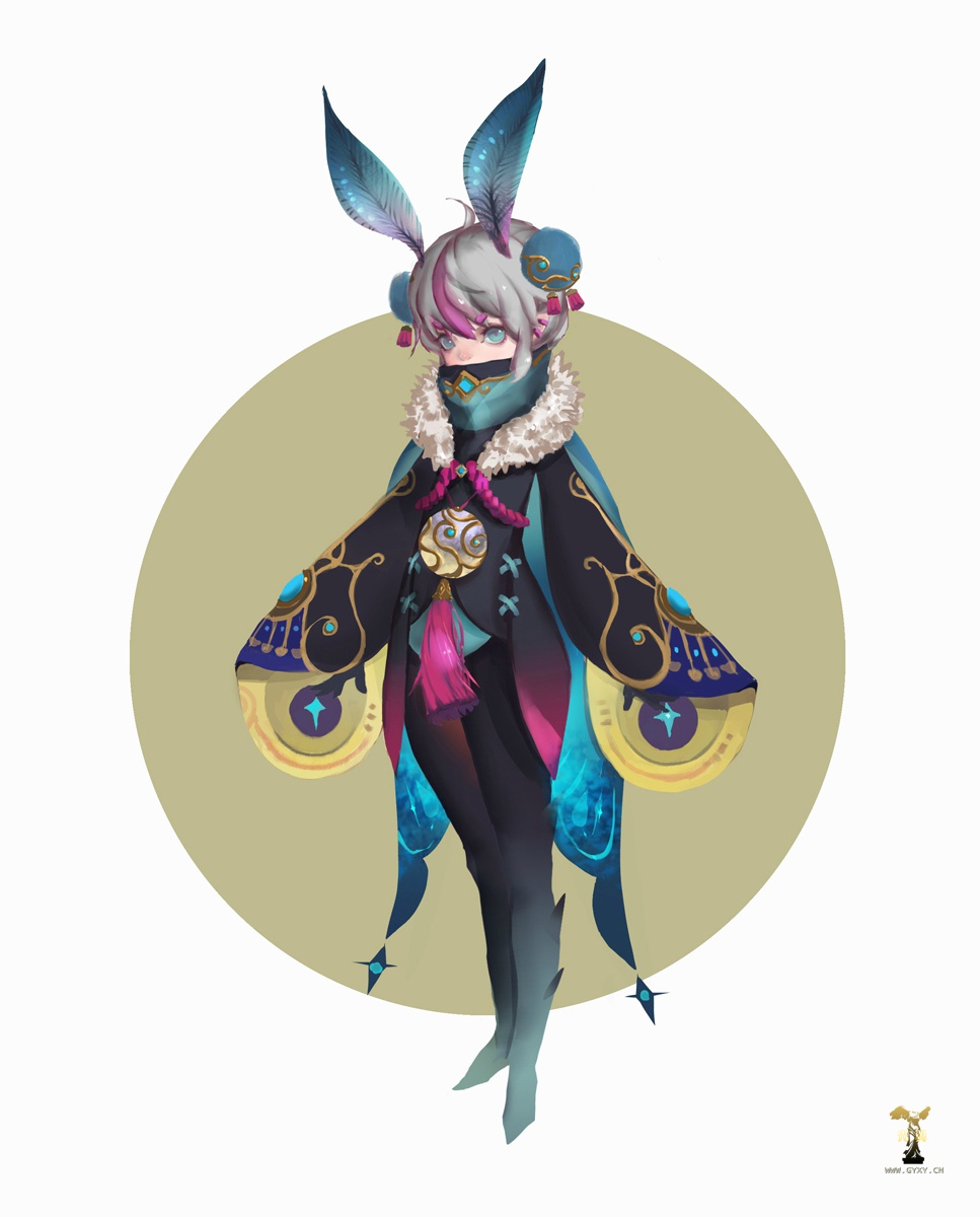 a digital illustration of a young fantasy character with large luna moth wings and rabbitlike ears. the character is wearing an elaborate outfit with a mix of dark and bright colors, incorporating moth wing patterns and a mask covering their lower face. they have white hair with pink streaks and blue eyes, partially visible through the mask. the background is a simple offwhite with a large pale yellow circle behind the character.  the art style is smooth and whimsical with soft lighting, drawing focus to the intricate details of the character's design.