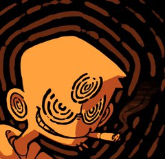 a closeup cartoon illustration of a man with large, spiralshaped eyes, smoking a cigarette. the background features a repeating spiral pattern. the color palette and the man's expression suggest a sense of unease or anxiety.