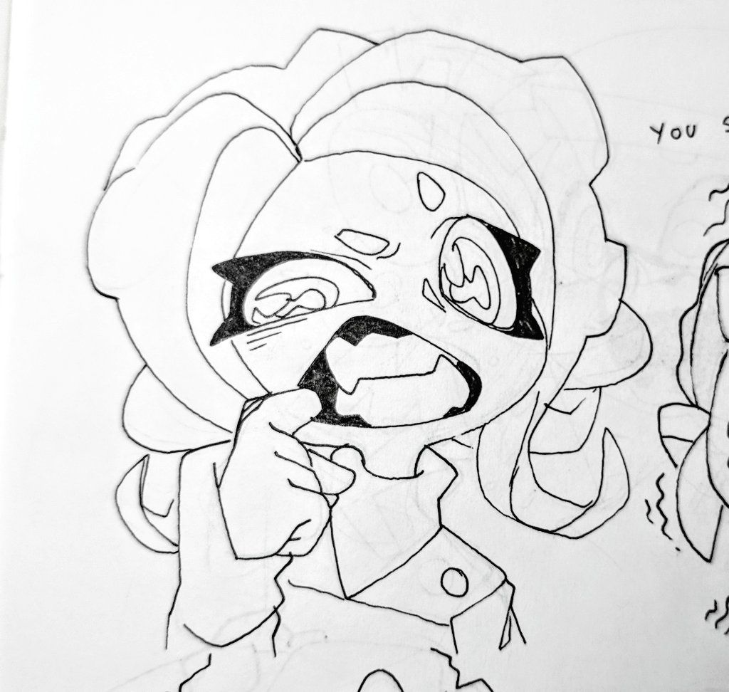 a black and white anime drawing of a young girl with her mouth open in shock, staring at something off screen with her finger up to her cheek, she has a surprised expression, with her hair and clothes drawn around her. there is a small bit of another person in the background on the right side of the image. there is some text that says "you" at the top right corner of the image.