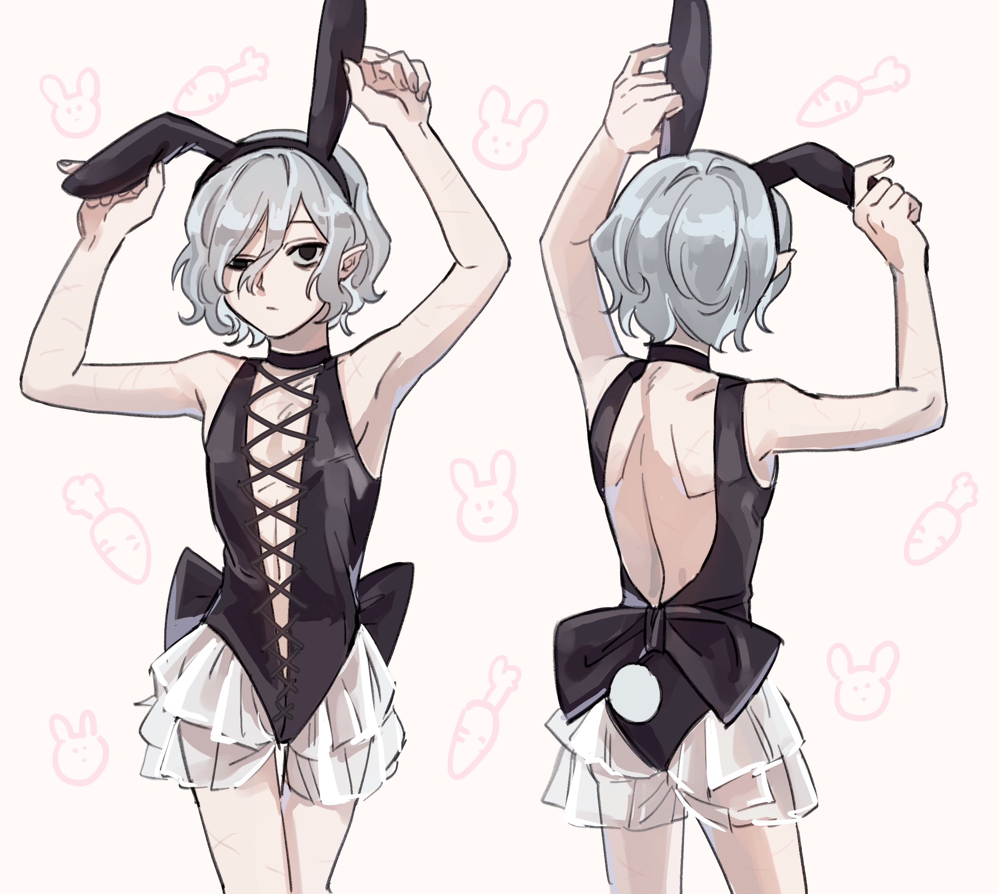 he image shows a digital drawing of an animestyle girl in a bunny girl costume. the drawing is presented in two views, one from the front and one from the back. the girl has short, silver hair and is wearing a black and white bunnygirl outfit. the costume features a lacetrimmed skirt and a bow on the back. the style is reminiscent of manga or anime illustrations, with a focus on soft, clean lines. several small cartoon bunnies and carrots are scattered around the figure in the background.