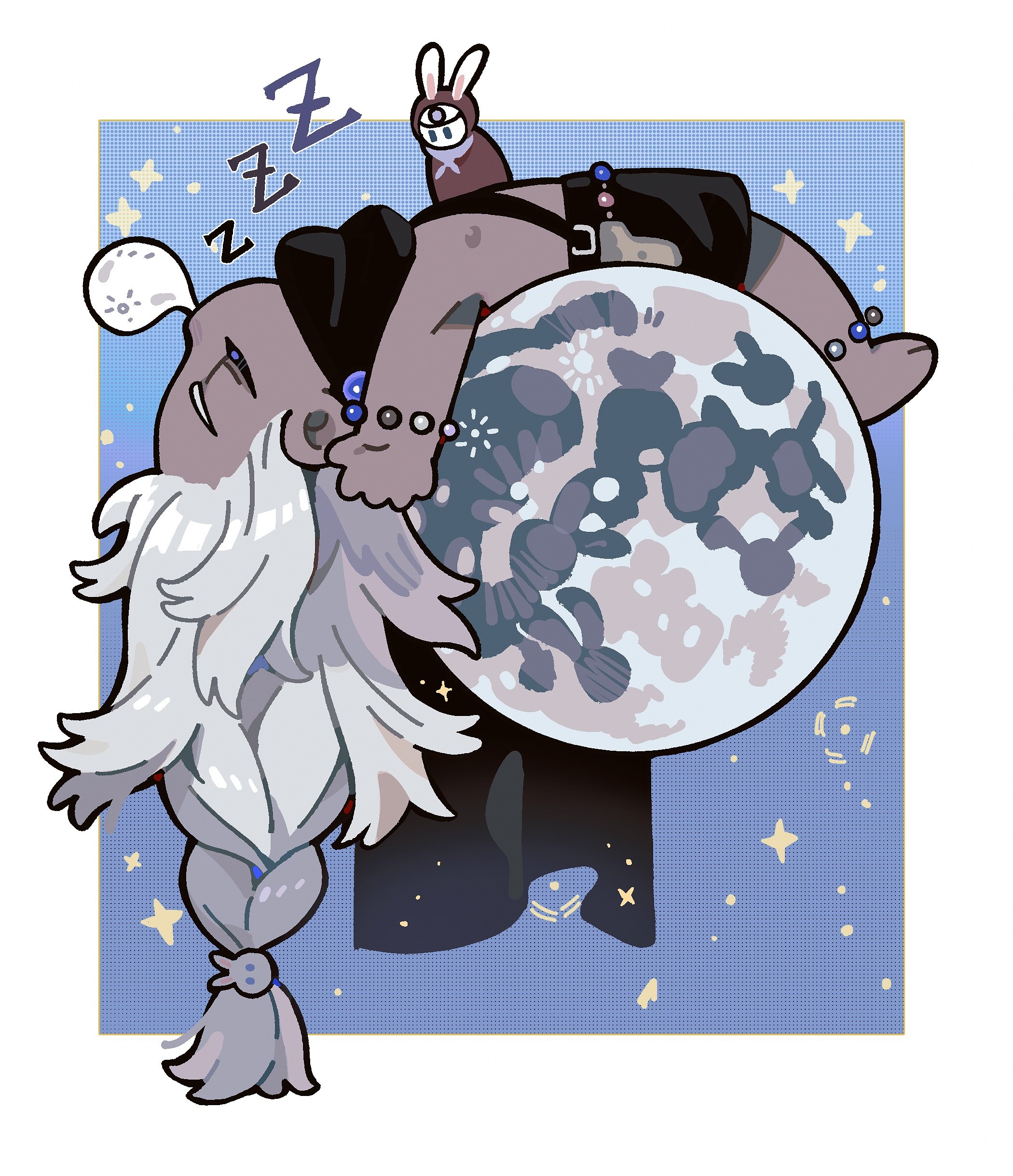a cartoon illustration of a sleeping character laying on the moon. the character has long white hair and is wearing a black hat, boots, and a white shirt. they are holding a white rabbit in their hands. the moon is gray with craters. the background is a night sky with stars.  the image has a soft, whimsical style and is full of character and charm.