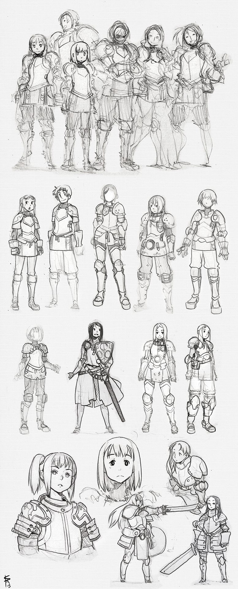 the image showcases a series of pencil sketches depicting various designs for female knights. the sketches explore different armor styles, weapons, and poses, potentially for video game characters or fantasy illustrations. the artist focuses on capturing the form and details of the armor and weapons, with less emphasis on facial features or background. the sketches demonstrate a dynamic range of poses, suggesting movement and action.