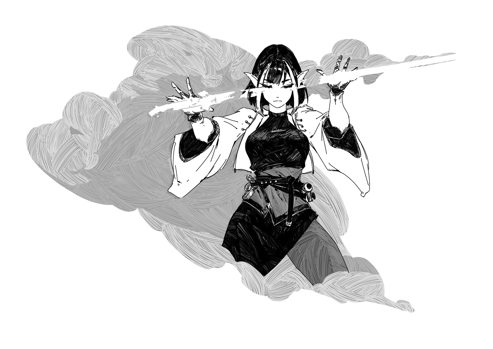 he image is a black and white illustration of a female elf sorceress. she has dark hair, pointed ears, and is wearing detailed clothing that includes a dark top, a belt with pouches, and a flowing cloak. her hands are outstretched, and beams of energy or magic extend from her fingertips. the background is a stylized cloud or smoke effect, lending an ethereal and mystical atmosphere to the piece. the art style is reminiscent of manga or anime, with sharp lines and dramatic shading. the overall mood is powerful and intense.