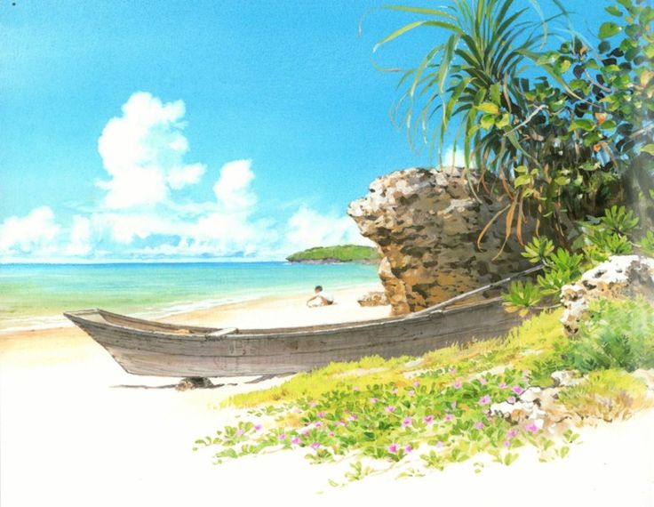 an illustration depicts a serene beach scene with a wooden boat resting on the sand. lush vegetation, including grasses and flowering plants, surrounds the boat and extends towards a rock formation. the clear turquoise ocean meets the sandy beach under a blue sky dotted with fluffy white clouds. in the distance, a small island is visible, and a person sits on the beach near the water's edge.