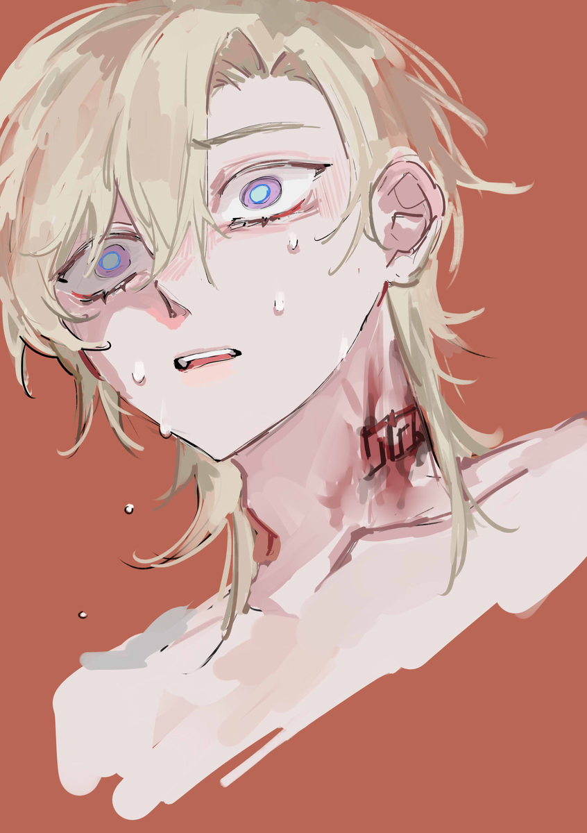 this is a digital drawing of an animestyle young man with blond hair. he's looking downwards, and his eyes are watery and filled with sadness. he's crying, and there is blood around his neck. the background is a reddishorange color.